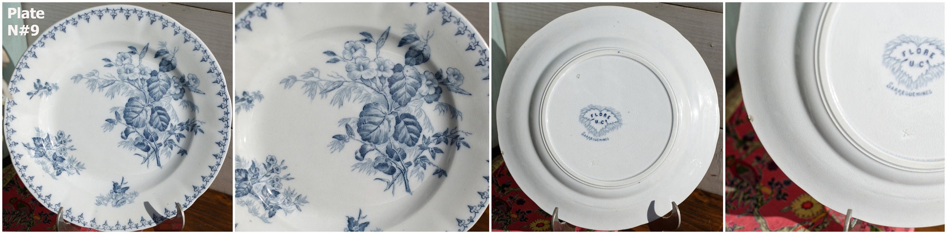 French Antique Ironstone Blue Transferware Dinner Plate FLORE Sarreguemines U&C Terre de fer