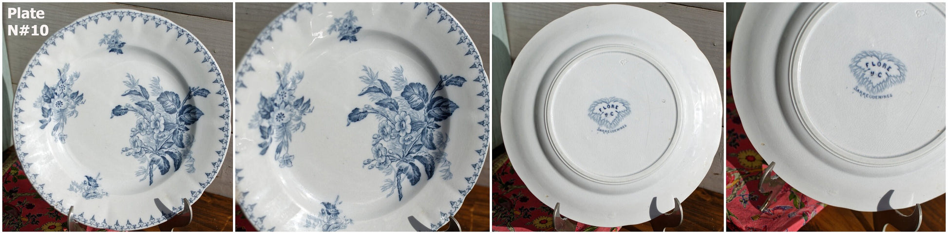 French Antique Ironstone Blue Transferware Dinner Plate FLORE Sarreguemines U&C Terre de fer