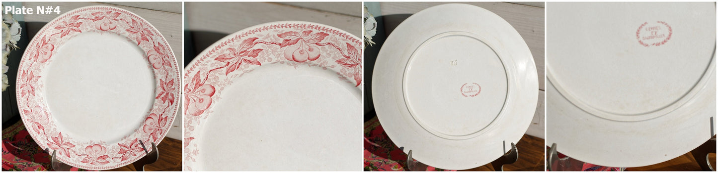 French Ironstone Red Transferware Dinner Plate CERISES Motif FT  (Fenal Theophile) Badonviller France Terre de Fer