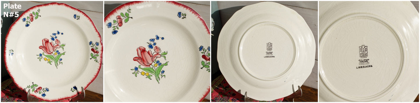 French Ironstone Hand-Painted Dinner Plate GIEN France Lorraine decor a la main red roses pattern Terre de Fer