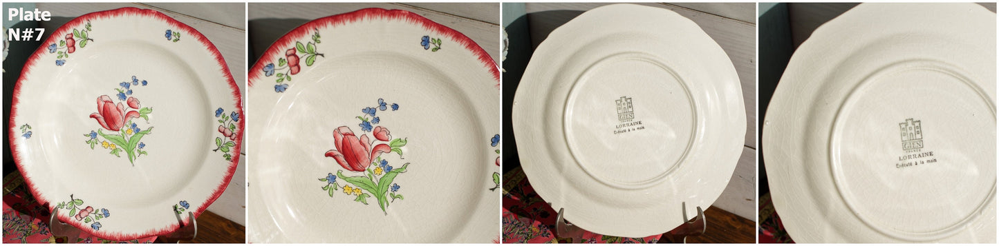 French Ironstone Hand-Painted Dinner Plate GIEN France Lorraine decor a la main red roses pattern Terre de Fer