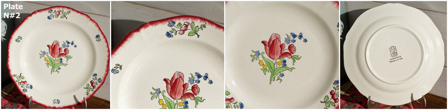 French Ironstone Hand-Painted Dinner Plate GIEN France Lorraine decor a la main red roses pattern Terre de Fer