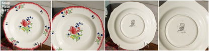 French Ironstone Hand-Painted Soup Plate GIEN France Lorraine decor a la main red roses pattern Terre de Fer