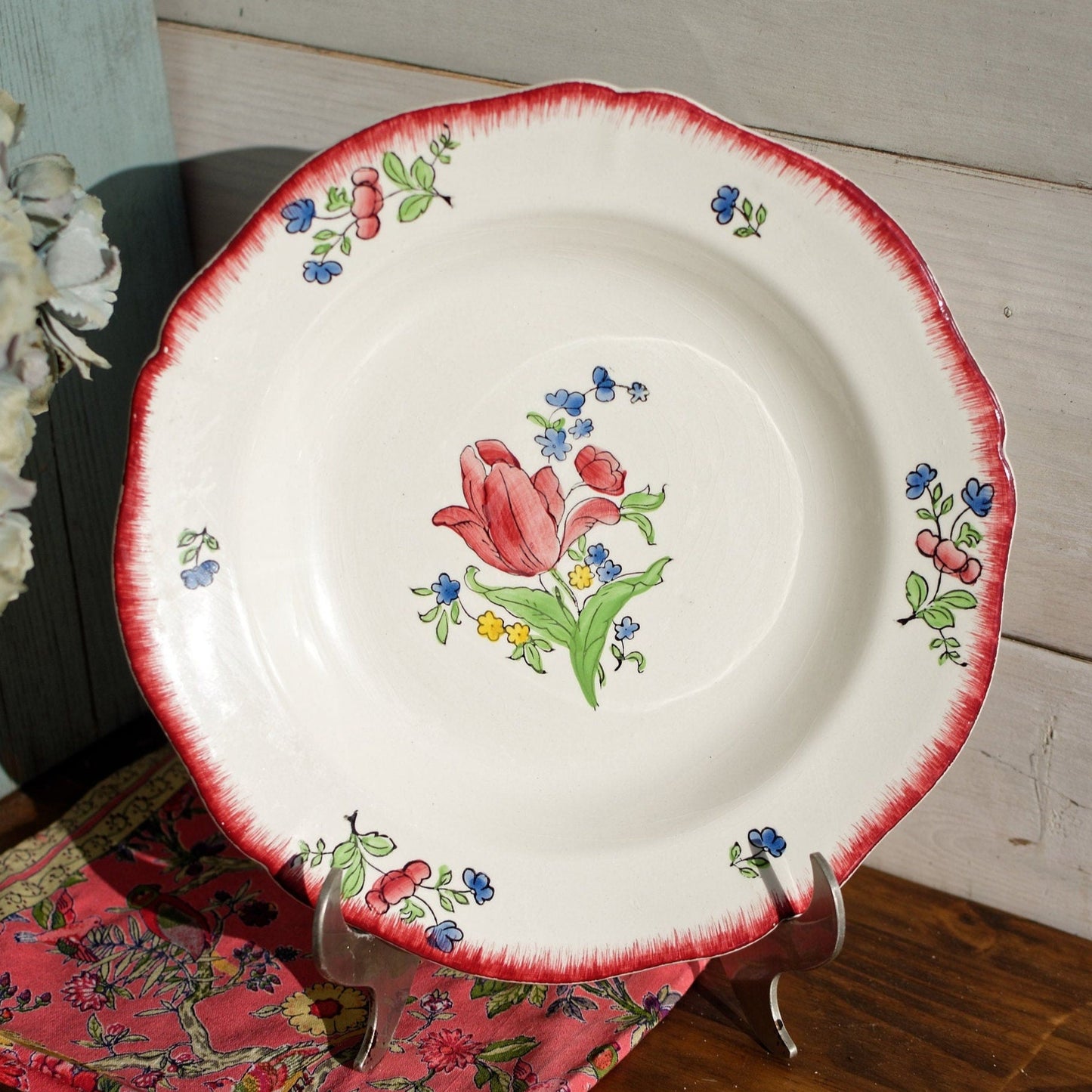 French Ironstone Hand-Painted Soup Plate GIEN France Lorraine decor a la main red roses pattern Terre de Fer