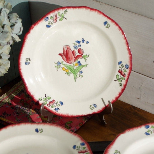 French Ironstone Hand-Painted Dinner Plate GIEN France Lorraine decor a la main red roses pattern Terre de Fer