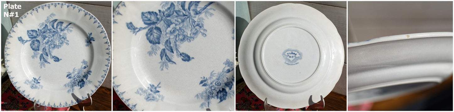 French Antique Ironstone Blue Transferware Dinner Plate FLORE Sarreguemines U&C Terre de fer