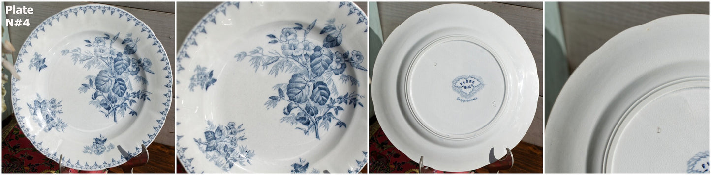 French Antique Ironstone Blue Transferware Dinner Plate FLORE Sarreguemines U&C Terre de fer