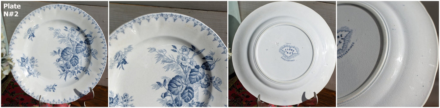 French Antique Ironstone Blue Transferware Dinner Plate FLORE Sarreguemines U&C Terre de fer