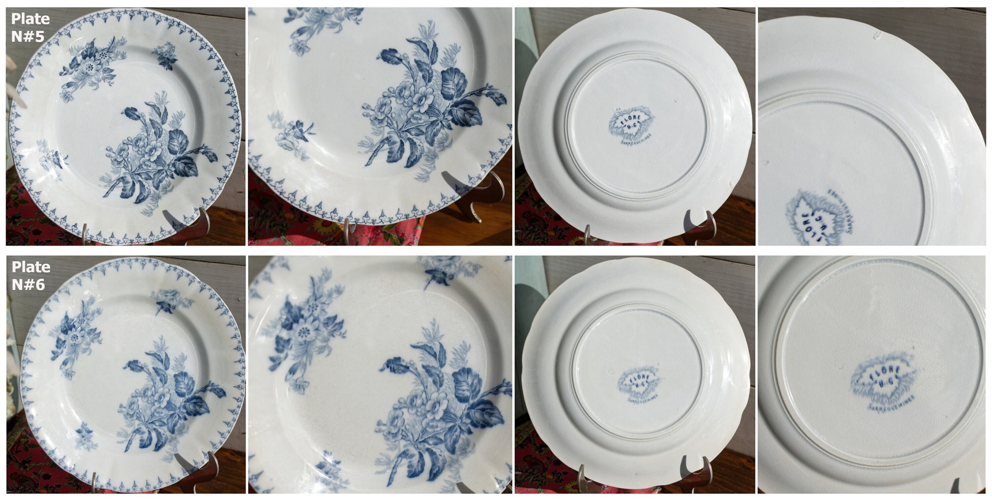 French Antique Ironstone Blue Transferware Dinner Plate FLORE Sarreguemines U&C Terre de fer