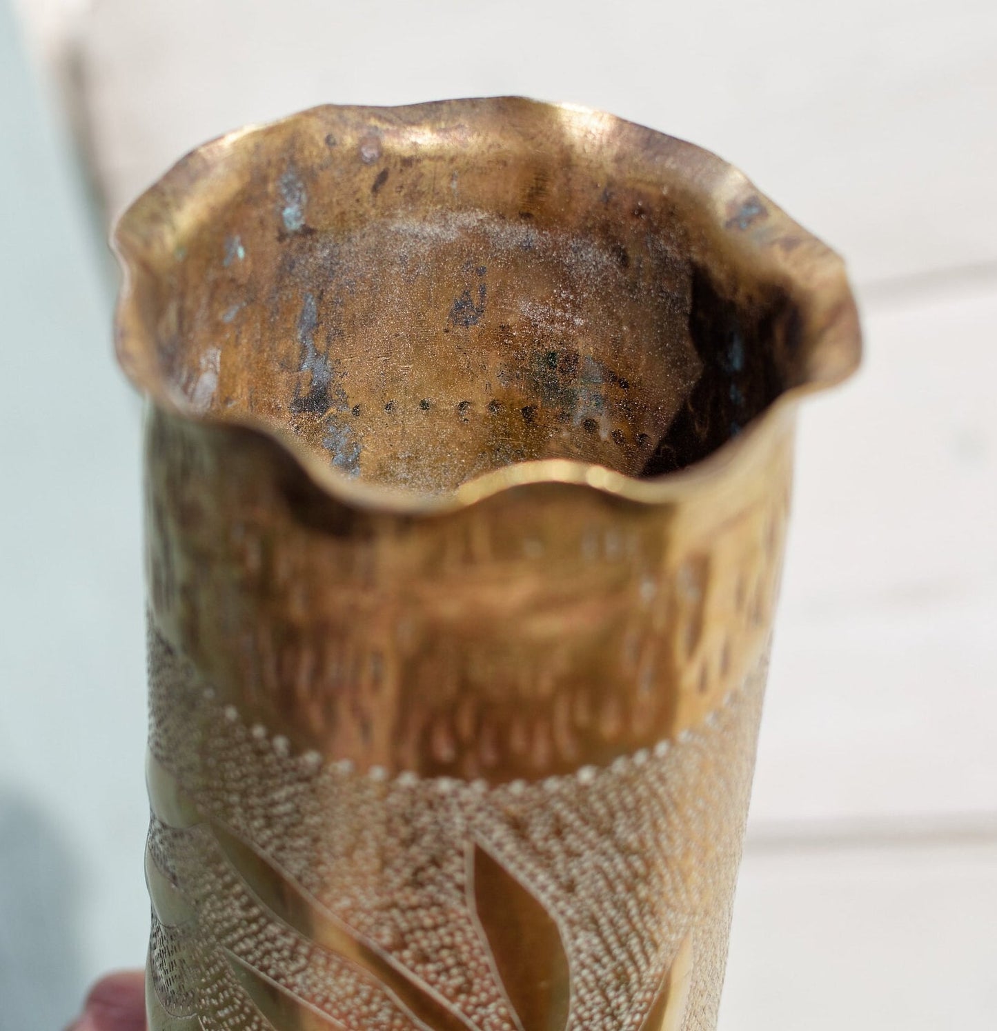 French Antique Collectible Remington Hand Carved Empty Shell Case  "Vase" ~ 1914-18 WWI ~ Large Brass Bullet UMC 75 mm