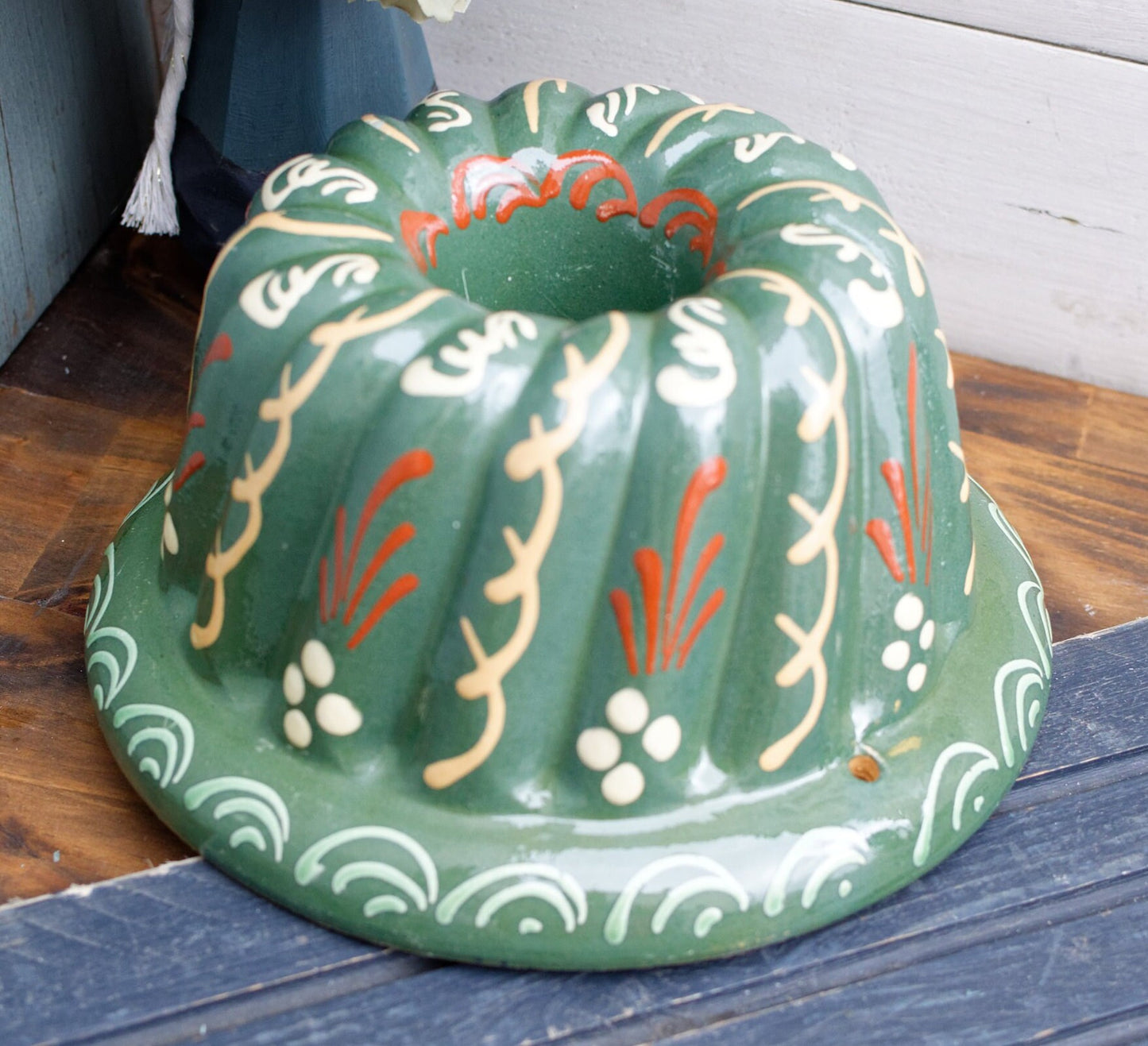 French Vintage Kugelhopf Alsace Pottery Glazed Bundt Baking Cake Mold ~ Hand-Painted Ceramics Terra Cotta Stoneware