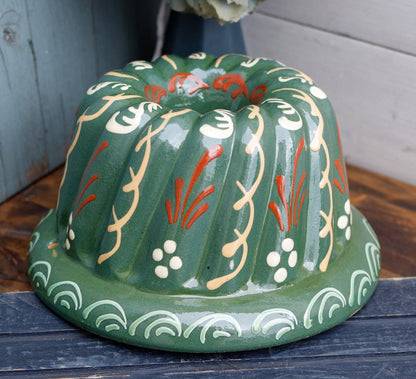 French Vintage Kugelhopf Alsace Pottery Glazed Bundt Baking Cake Mold ~ Hand-Painted Ceramics Terra Cotta Stoneware