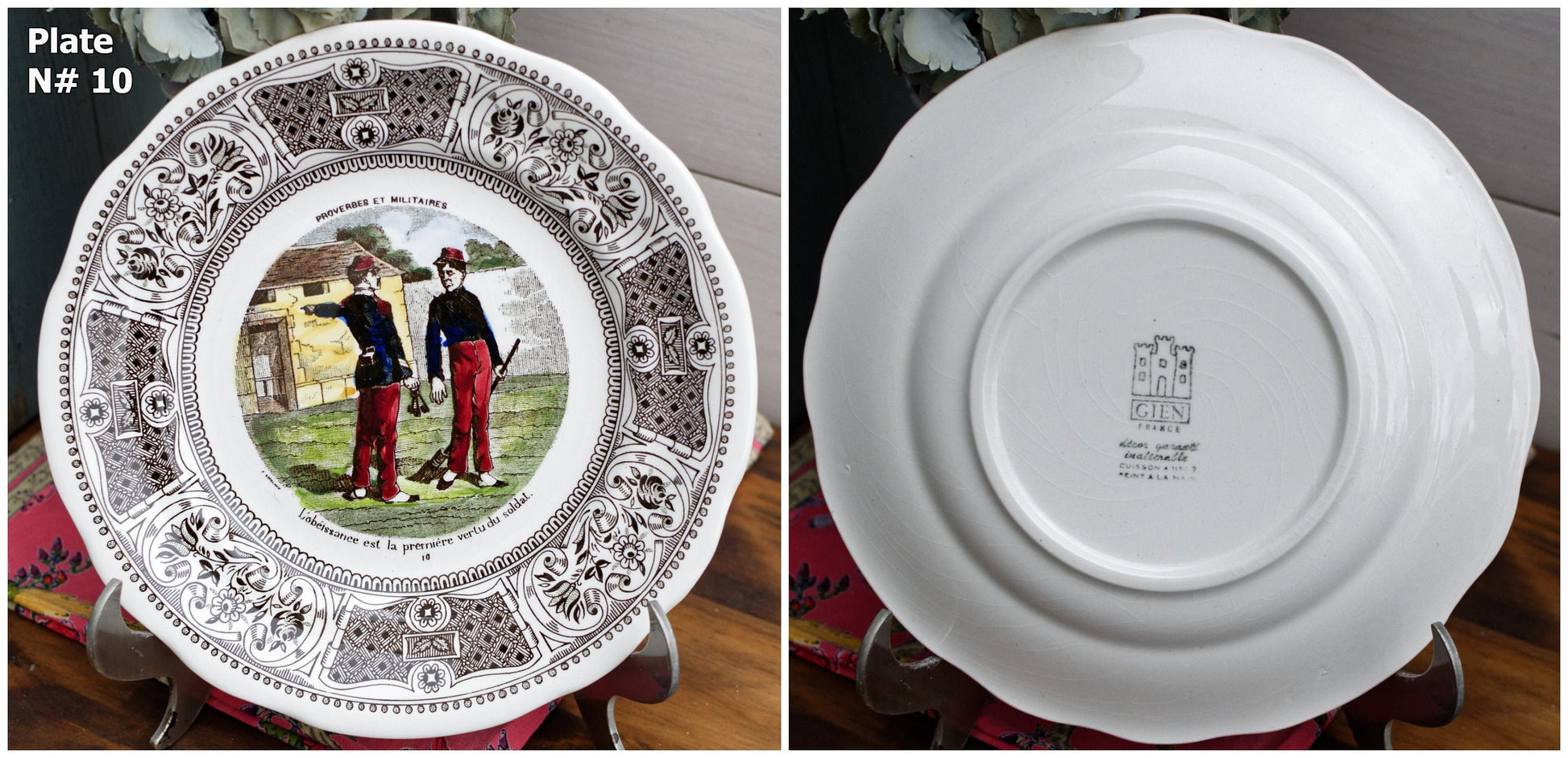 French Ironstone Talking Plate Proverbes et militaires GIEN Terre de Fer Assiette Parlante