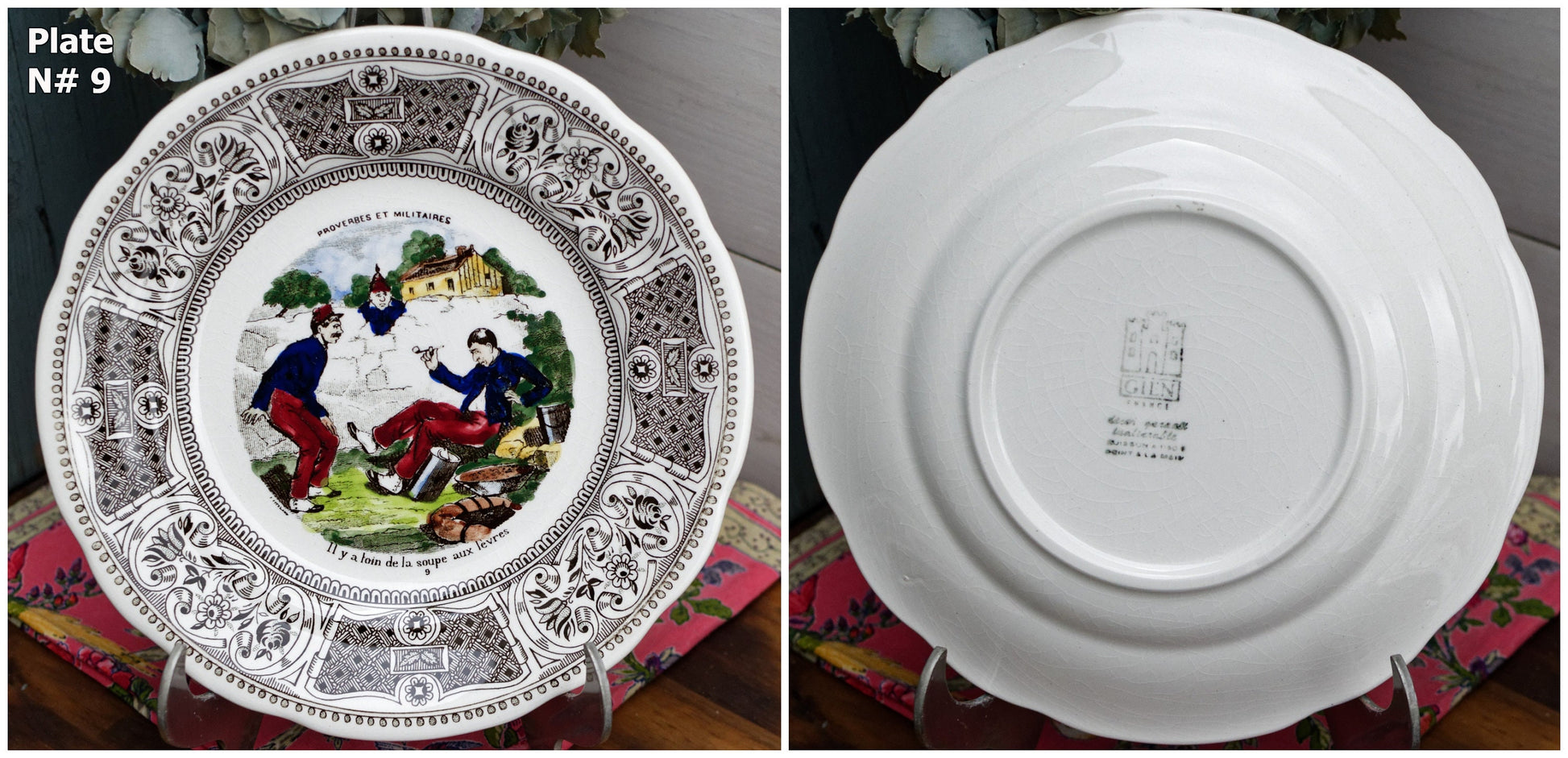 French Ironstone Talking Plate Proverbes et militaires GIEN Terre de Fer Assiette Parlante