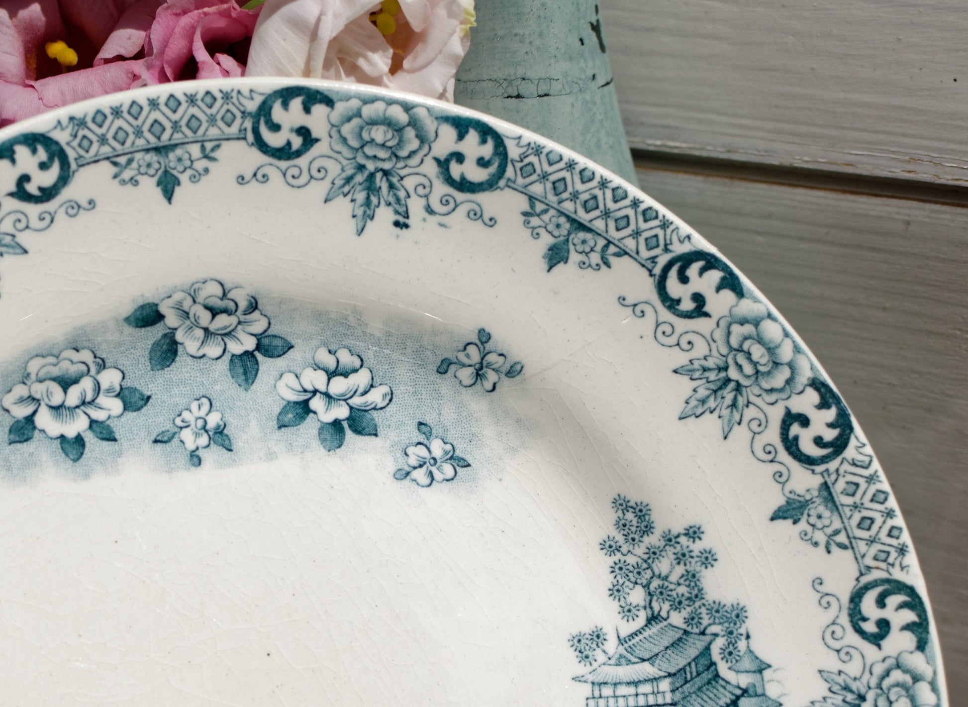 French Antique Ironstone Blue TRANSFERWARE Dinner Plate ~ "SAIGNON" Motif ~ H.Boulenger & Cie Choisy-Le-Roi ~ Terre de fer