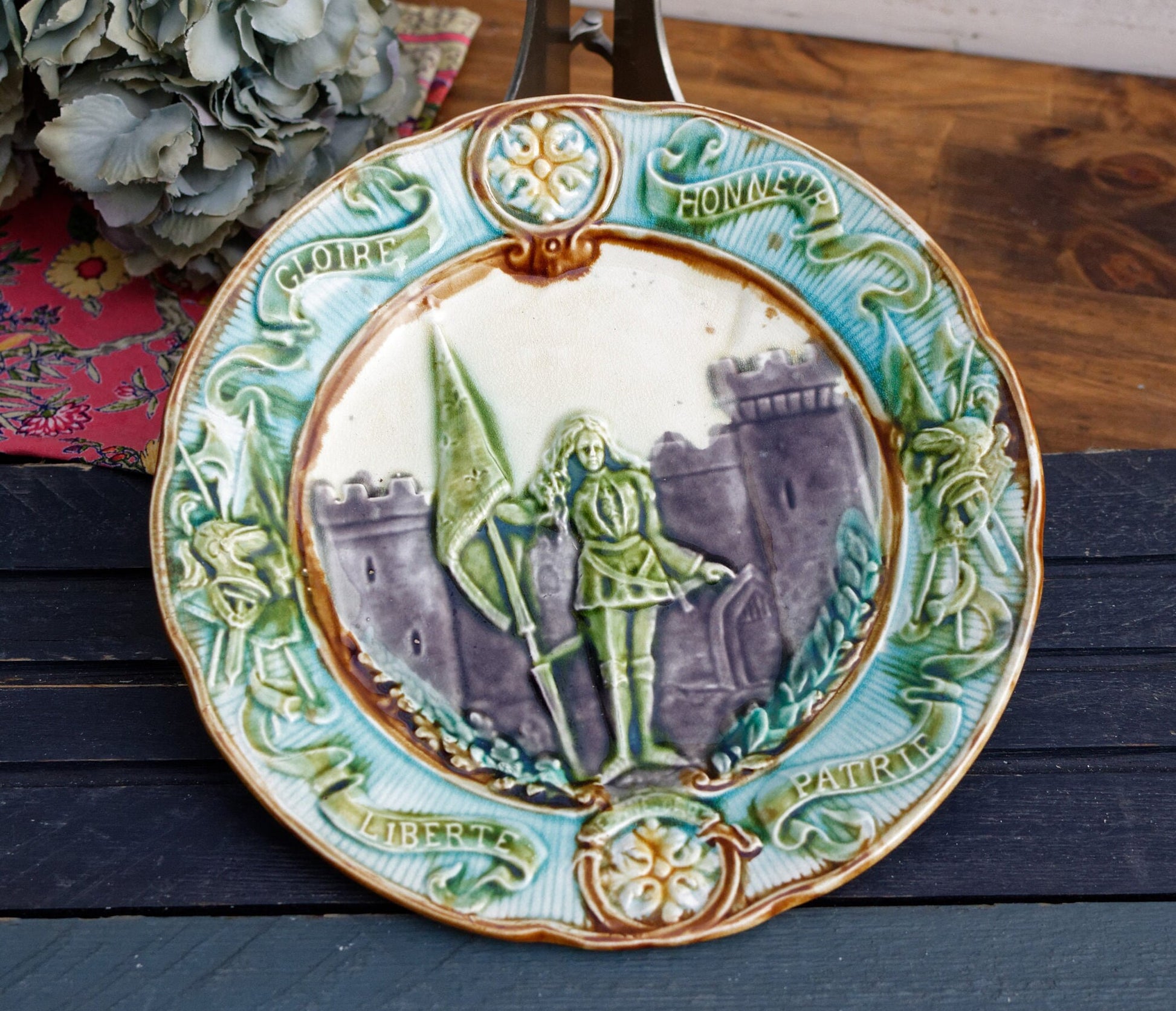 French Collectible BARBOTINE MAJOLICA Wall Plate Joan of Arc Jeanne D'Arc Faïence D’ONAING