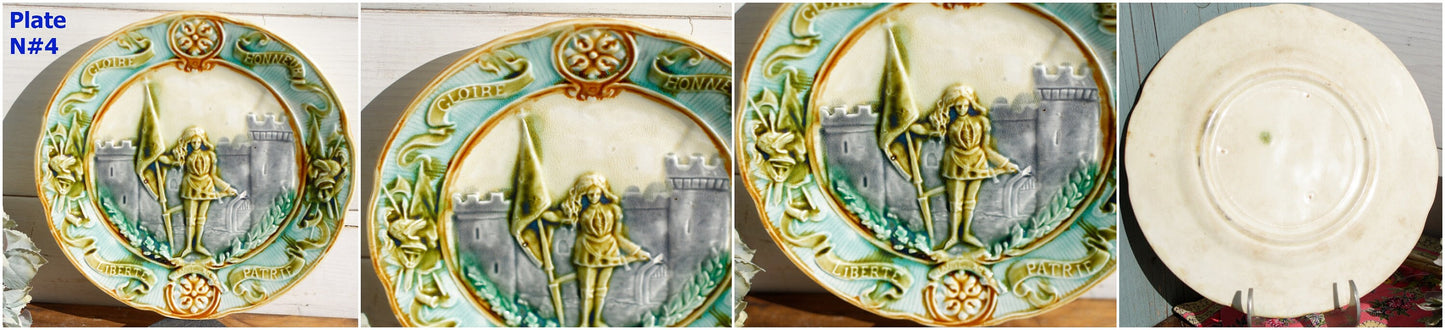 French Collectible BARBOTINE MAJOLICA Wall Plate Joan of Arc Jeanne D'Arc Faïence D’ONAING