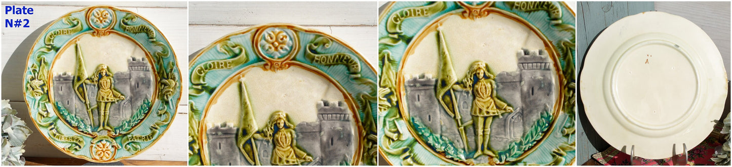 French Collectible BARBOTINE MAJOLICA Wall Plate Joan of Arc Jeanne D'Arc Faïence D’ONAING