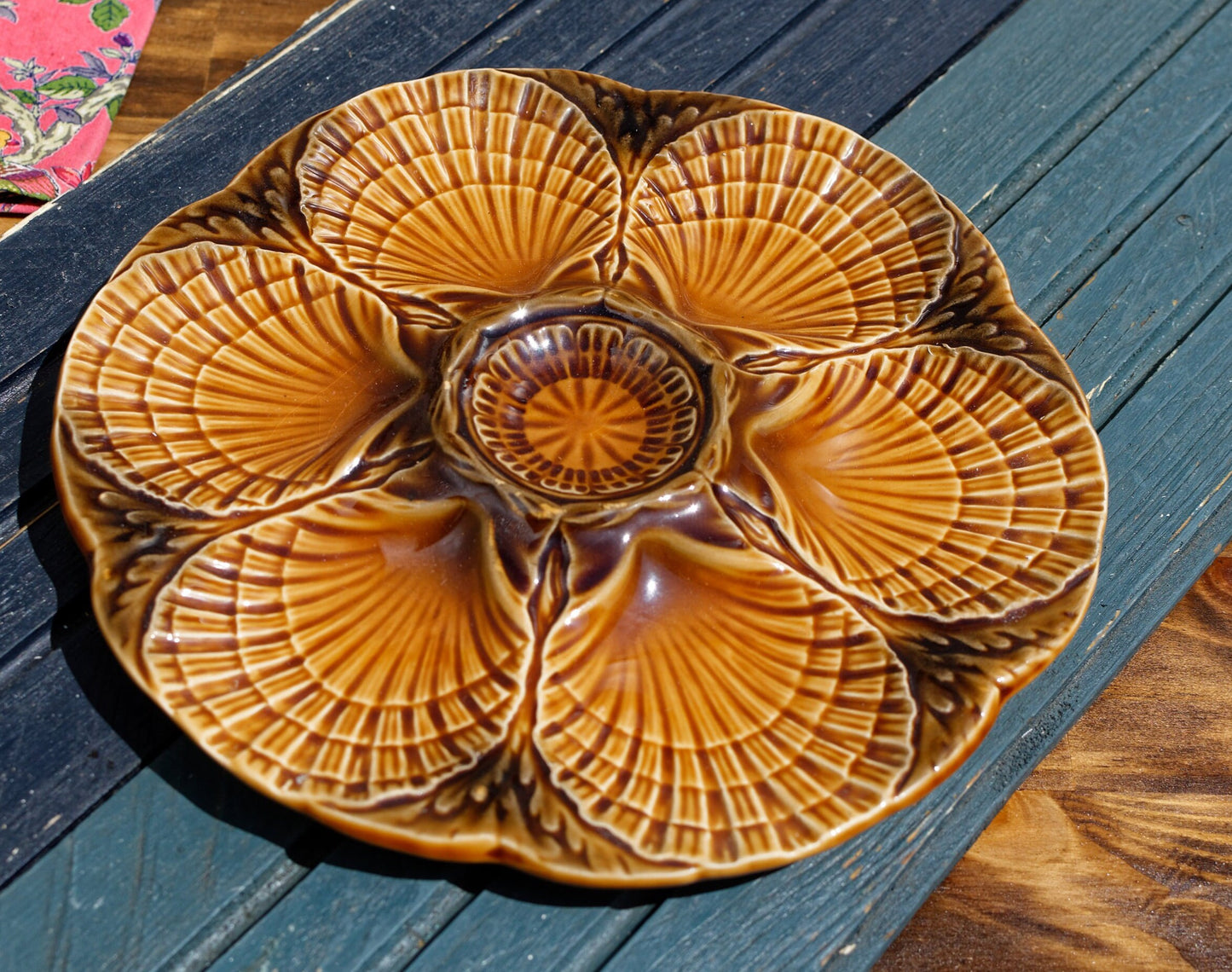 French Barbotine Majolica Brown Oyster Huitre Plate SARREGUEMINES France