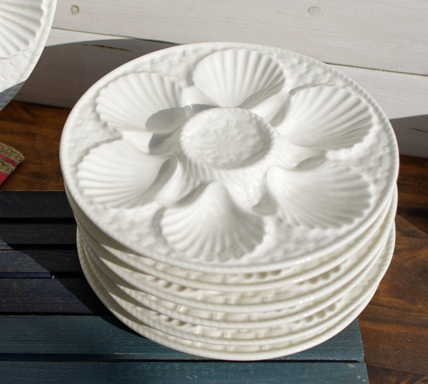 French Ironstone Barbotine Majolica Style Oyster Shellfish Plate/Platter Basket Weave White Huître