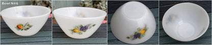 French Vintage Arcopal Opaque Milk Glass Cafe au lait bowl Petunia Flowers Fruit de France