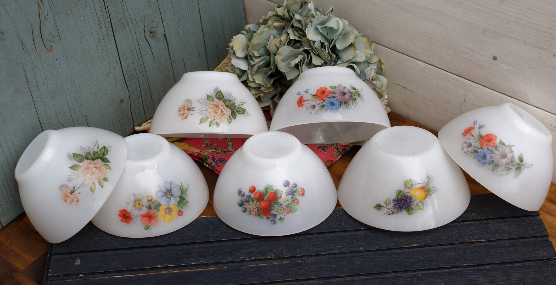 French Vintage Arcopal Opaque Milk Glass Cafe au lait bowl Petunia Flowers Fruit de France