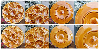 French BARBOTINE MAJOLICA Oyster Huître Plate LONGCHAMP 6 wells