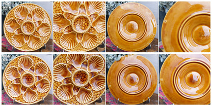 French BARBOTINE MAJOLICA Oyster Huître Plate LONGCHAMP 6 wells