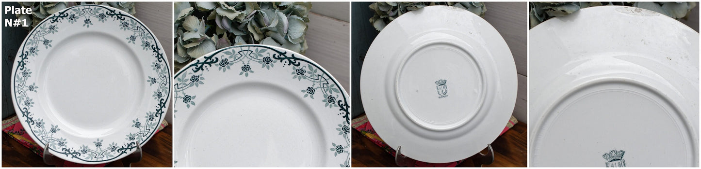 French Ironstone Green Transferware Plate BLERIOT Motif Saint Amand et Hamage NORD Terre de Fer