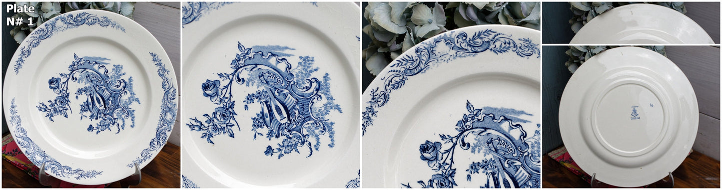 French Ironstone Blue Transferware Dinner Plate Terre de Fer ~ S&G Louis XV Faïencerie de Clairefontaine (S.G. Sanejouand Graves)