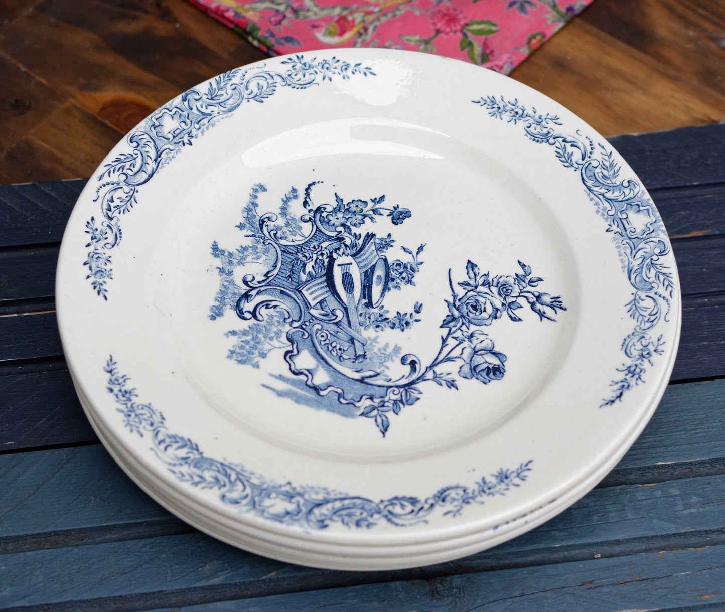 French Ironstone Blue Transferware Dinner Plate Terre de Fer ~ S&G Louis XV Faïencerie de Clairefontaine (S.G. Sanejouand Graves)