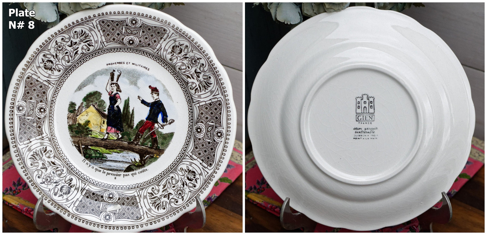 French Ironstone Talking Plate Proverbes et militaires GIEN Terre de Fer Assiette Parlante