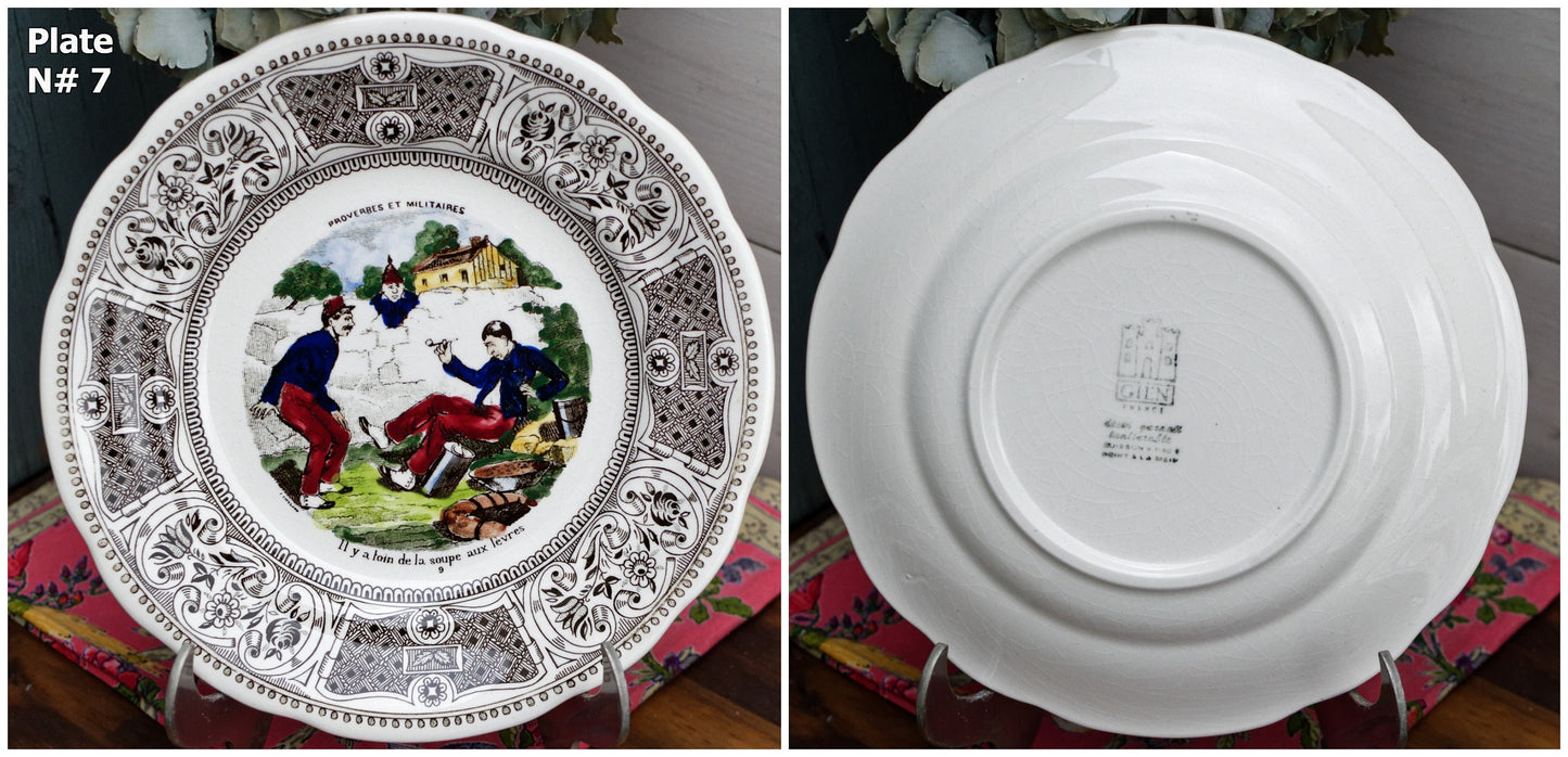 French Ironstone Talking Plate Proverbes et militaires GIEN Terre de Fer Assiette Parlante