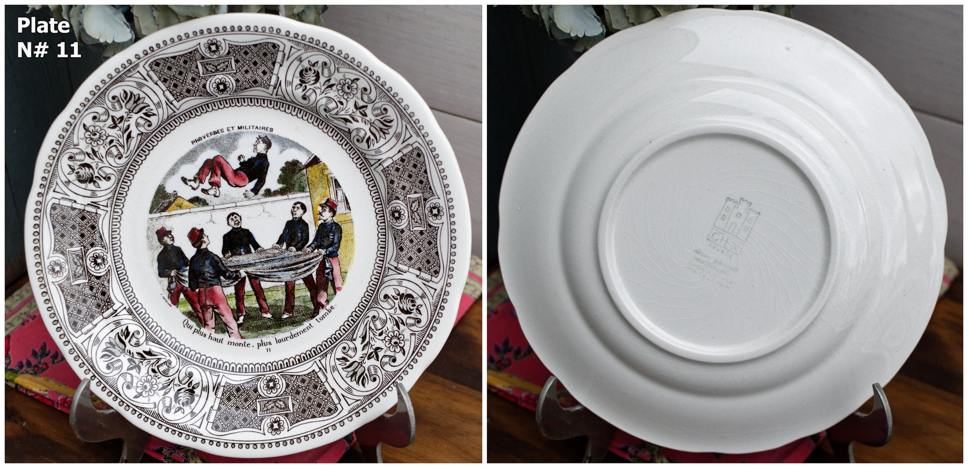 French Ironstone Talking Plate Proverbes et militaires GIEN Terre de Fer Assiette Parlante