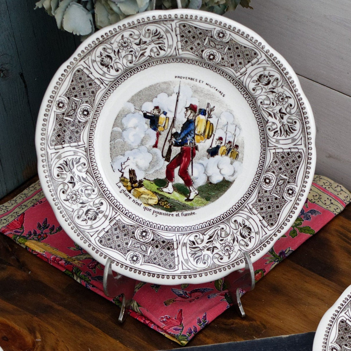 French Ironstone Talking Plate Proverbes et militaires GIEN Terre de Fer Assiette Parlante