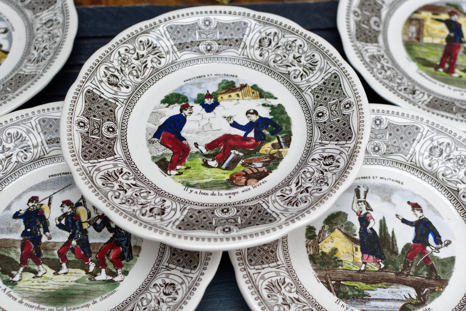 French Ironstone Talking Plate Proverbes et militaires GIEN Terre de Fer Assiette Parlante