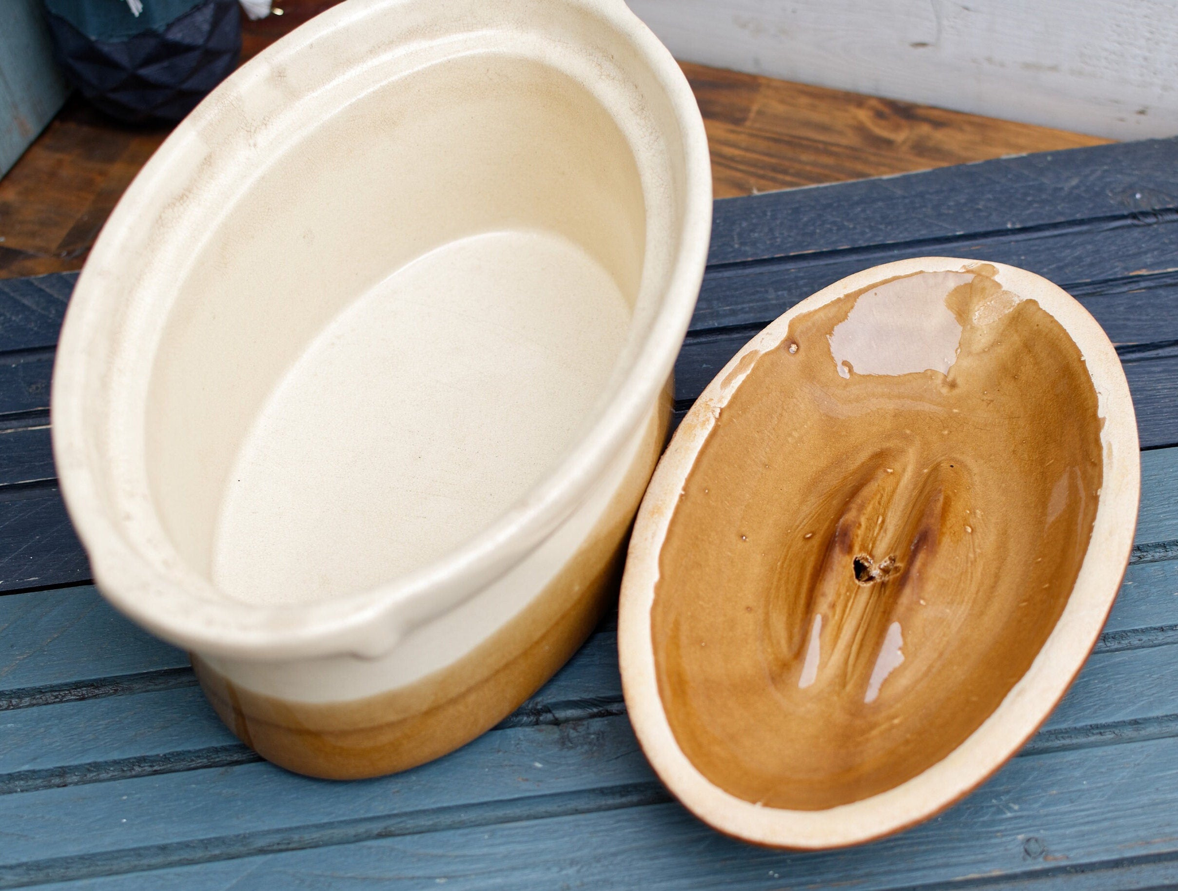 True Vintage La Bourguignonne 1950s on sale oval ceramic terrine dish and domed lid. Warm, rich cream and brown glaze. Made in France. 10x7x5in.