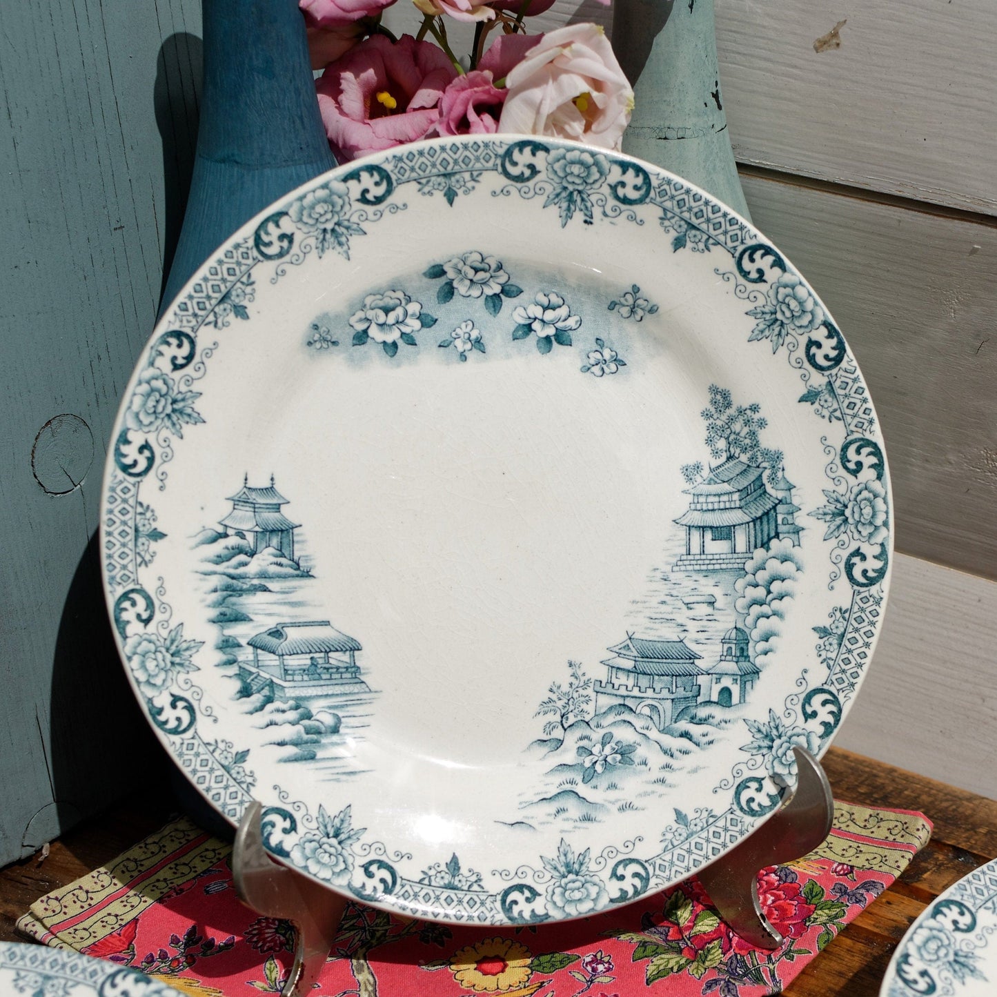 French Antique Ironstone Blue TRANSFERWARE Dinner Plate ~ "SAIGNON" Motif ~ H.Boulenger & Cie Choisy-Le-Roi ~ Terre de fer