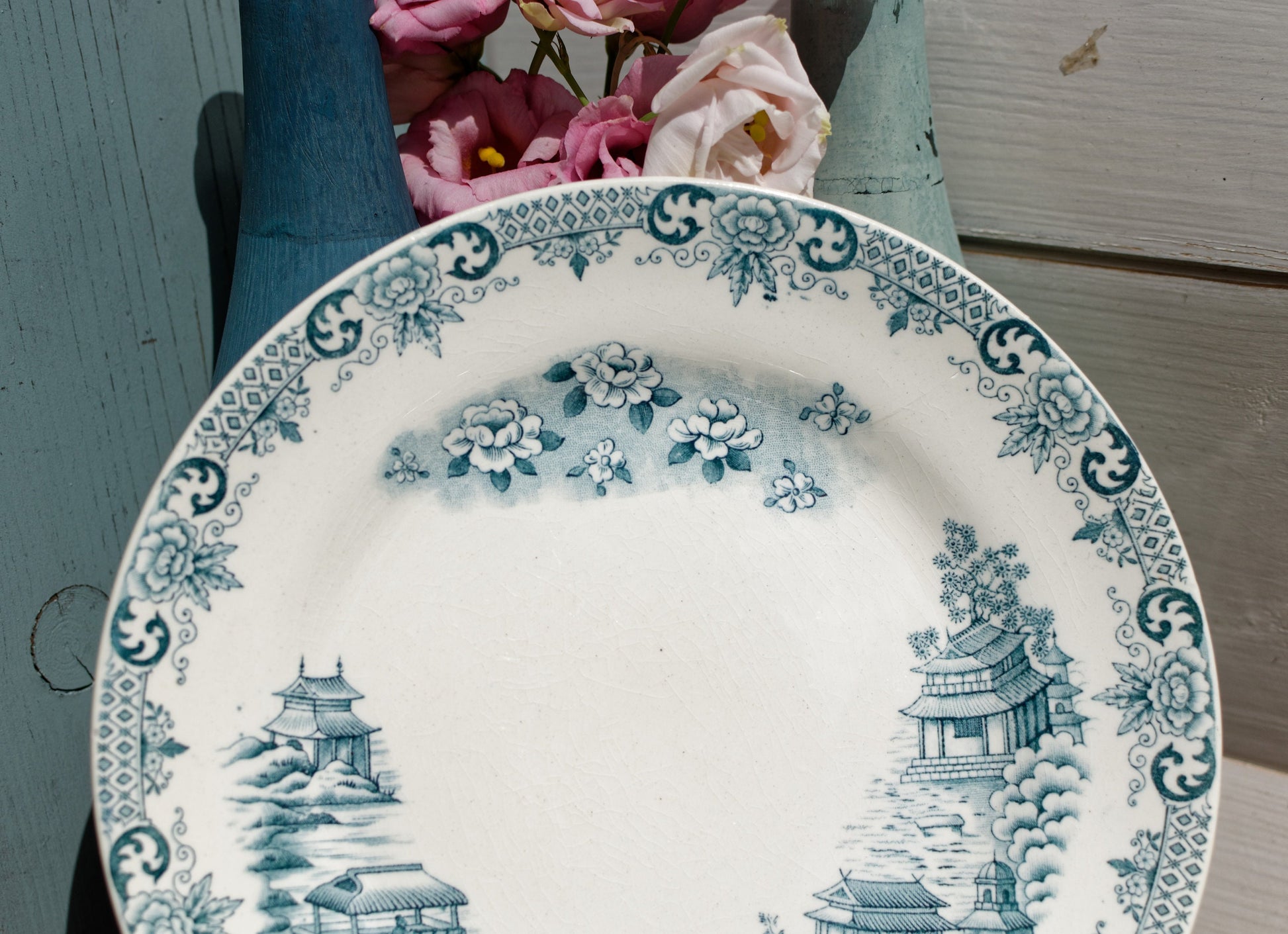 French Antique Ironstone Blue TRANSFERWARE Dinner Plate ~ "SAIGNON" Motif ~ H.Boulenger & Cie Choisy-Le-Roi ~ Terre de fer