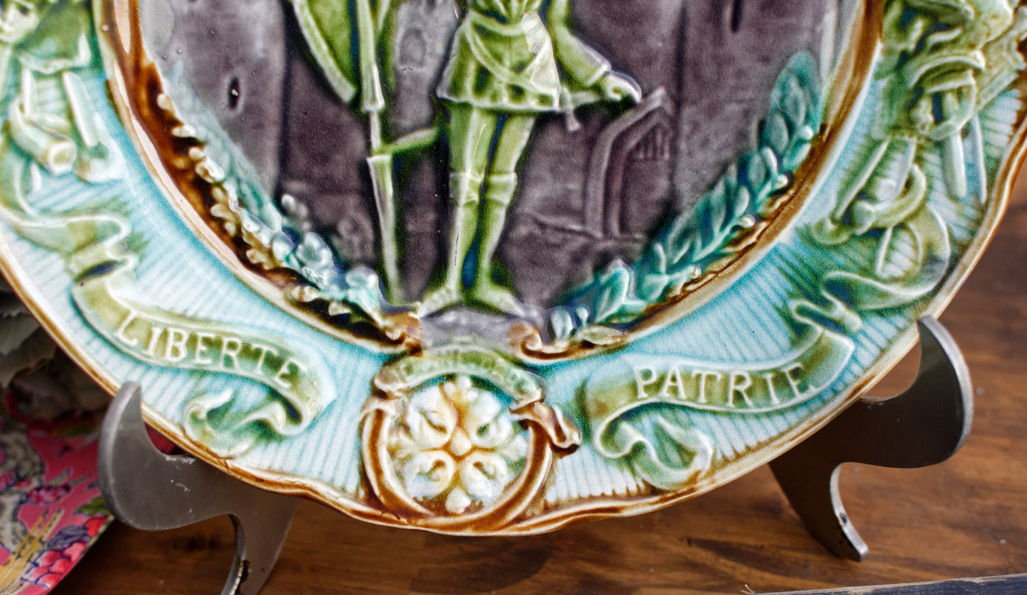 French Collectible BARBOTINE MAJOLICA Wall Plate Joan of Arc Jeanne D'Arc Faïence D’ONAING