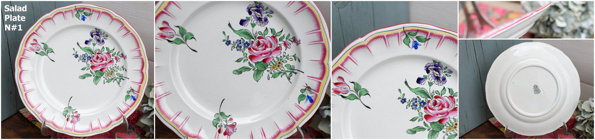 French Hand-Painted Ironstone Plate Roses & Tulips K&G (Keller et Guérin) Lunéville Terre de Fer 