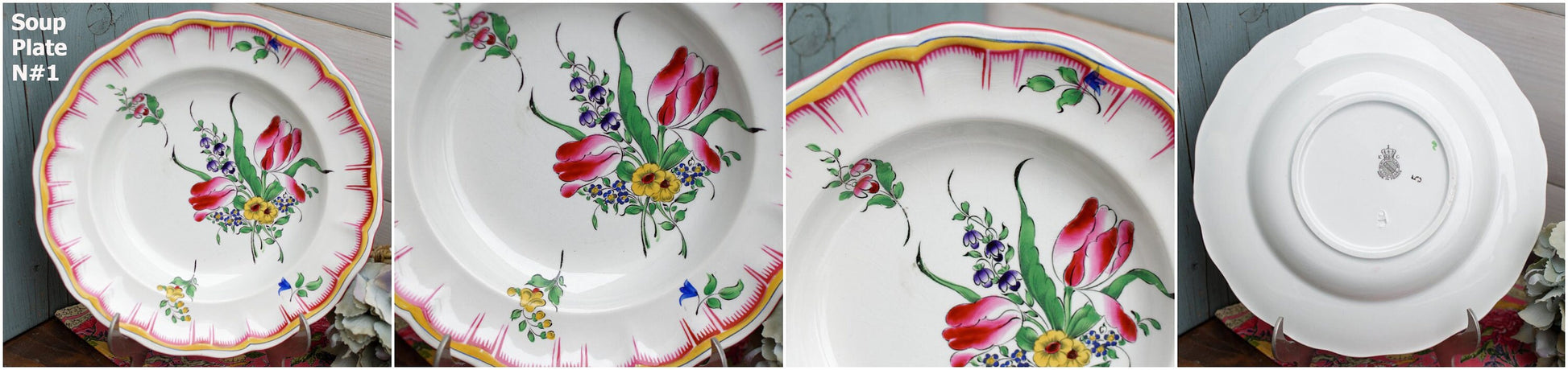 French Hand-Painted Ironstone Plate Roses & Tulips K&G (Keller et Guérin) Lunéville Terre de Fer 