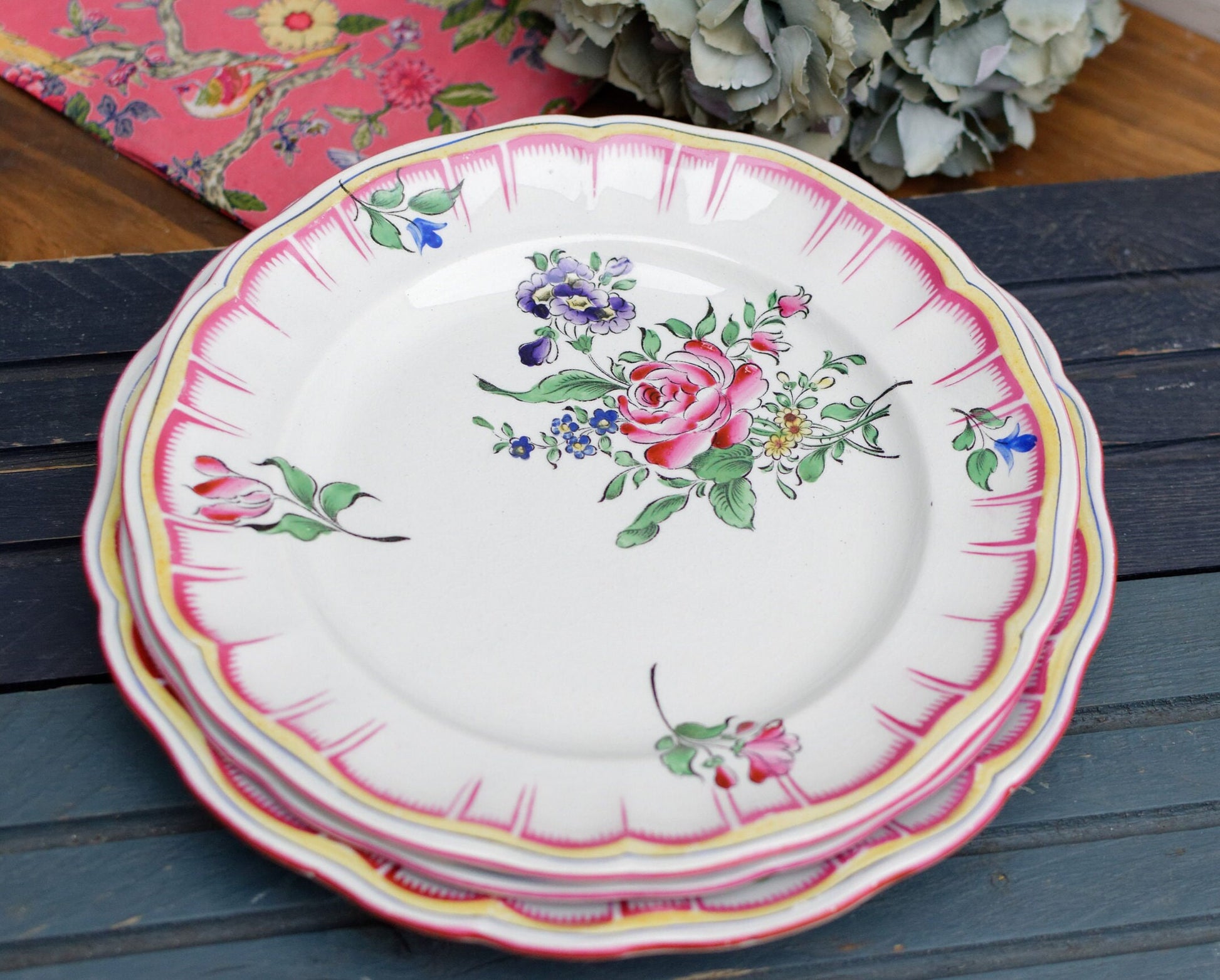 French Hand-Painted Ironstone Plate Roses & Tulips K&G (Keller et Guérin) Lunéville Terre de Fer 