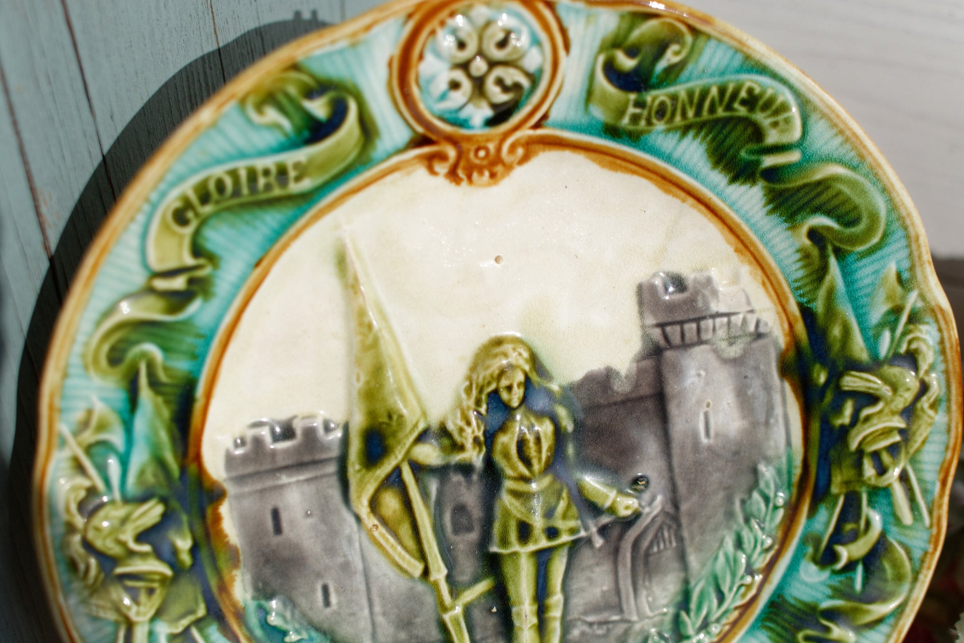 French Collectible BARBOTINE MAJOLICA Wall Plate Joan of Arc Jeanne D'Arc Faïence D’ONAING