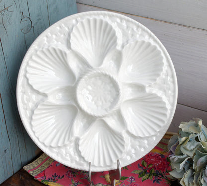 French Ironstone Barbotine Majolica Style Oyster Shellfish Plate/Platter Basket Weave White Huître