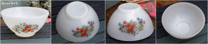 French Vintage Arcopal Opaque Milk Glass Cafe au lait bowl Petunia Flowers Fruit de France