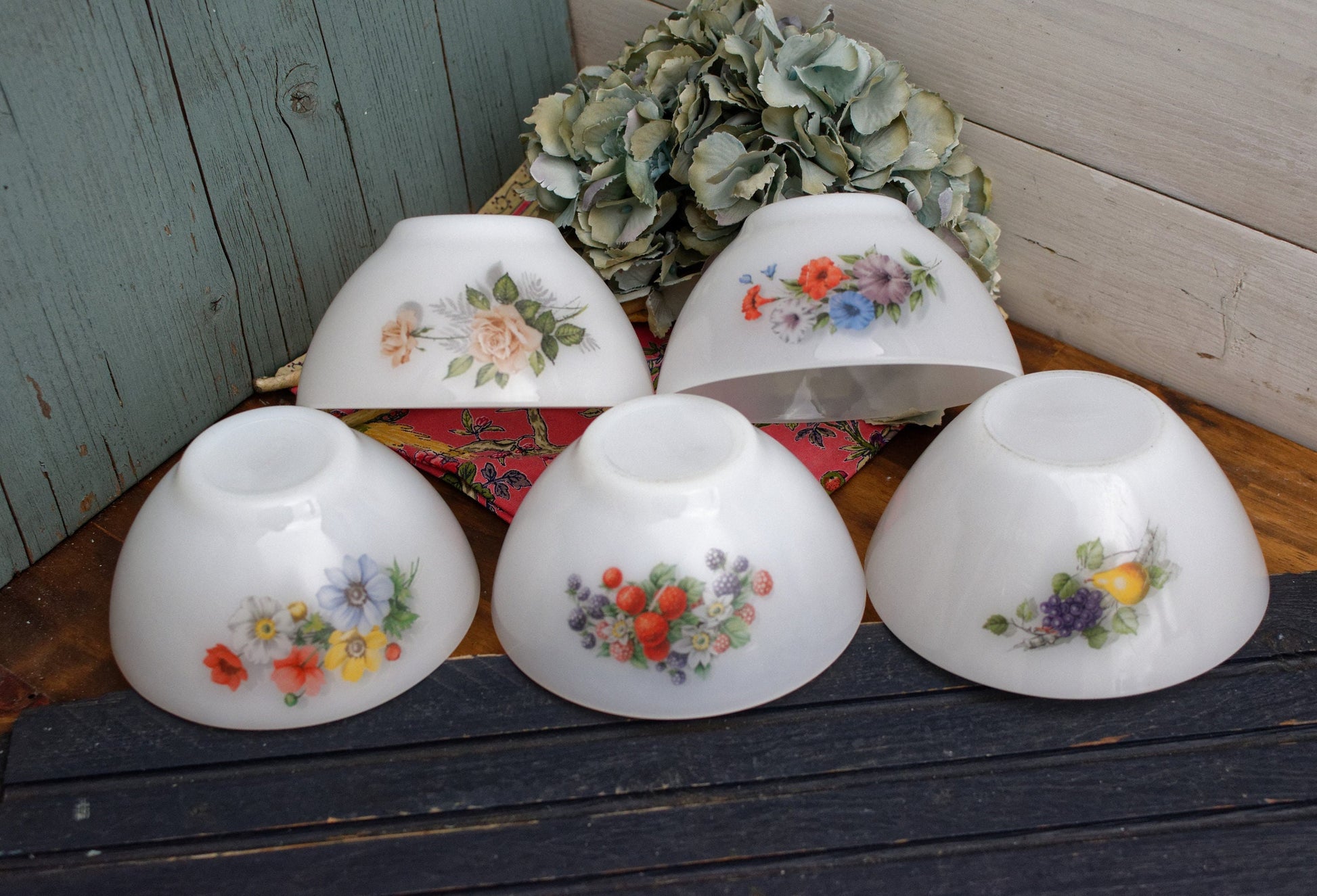 French Vintage Arcopal Opaque Milk Glass Cafe au lait bowl Petunia Flowers Fruit de France