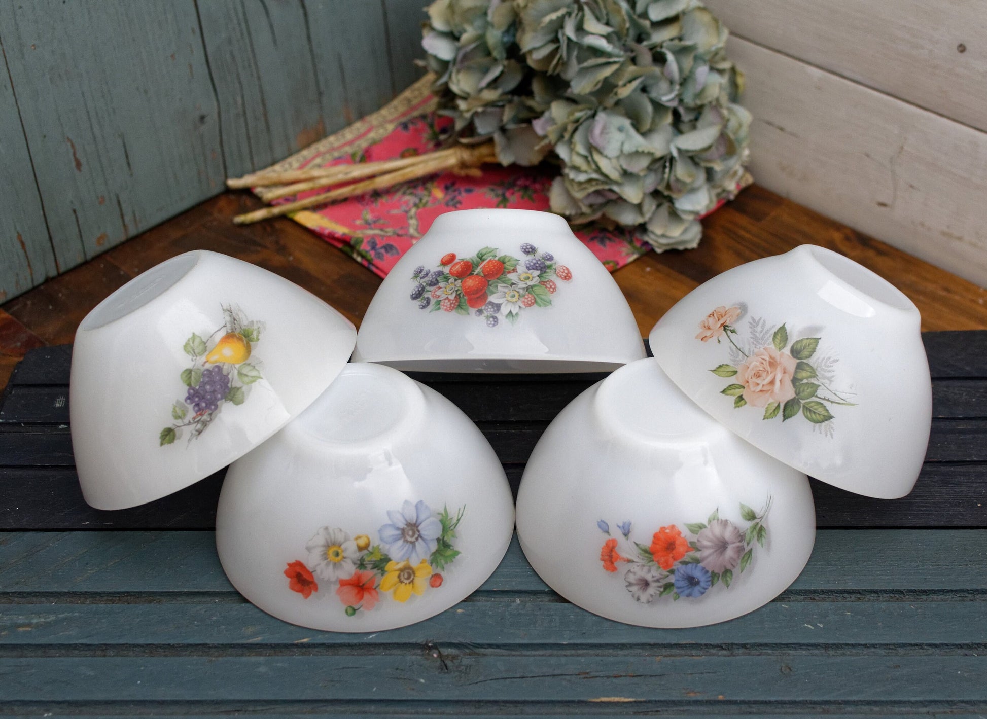 French Vintage Arcopal Opaque Milk Glass Cafe au lait bowl Petunia Flowers Fruit de France