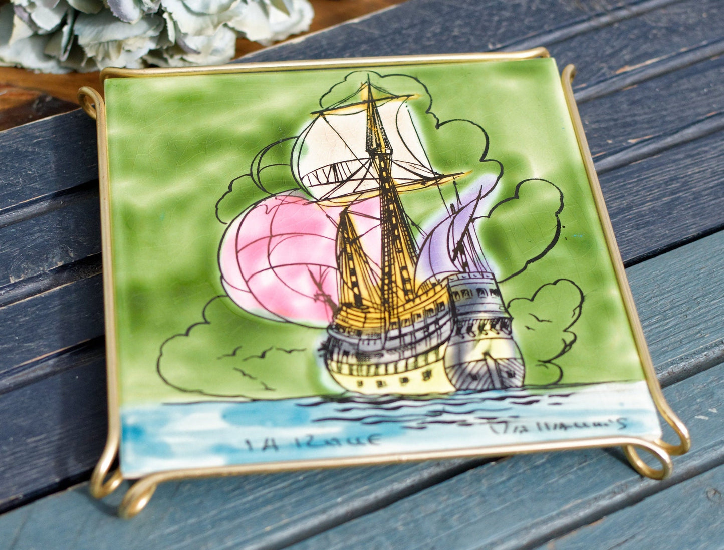 French Ceramic Hand-Painted Trivet Hot Plate Vallauris Made in France Villeroy Boch