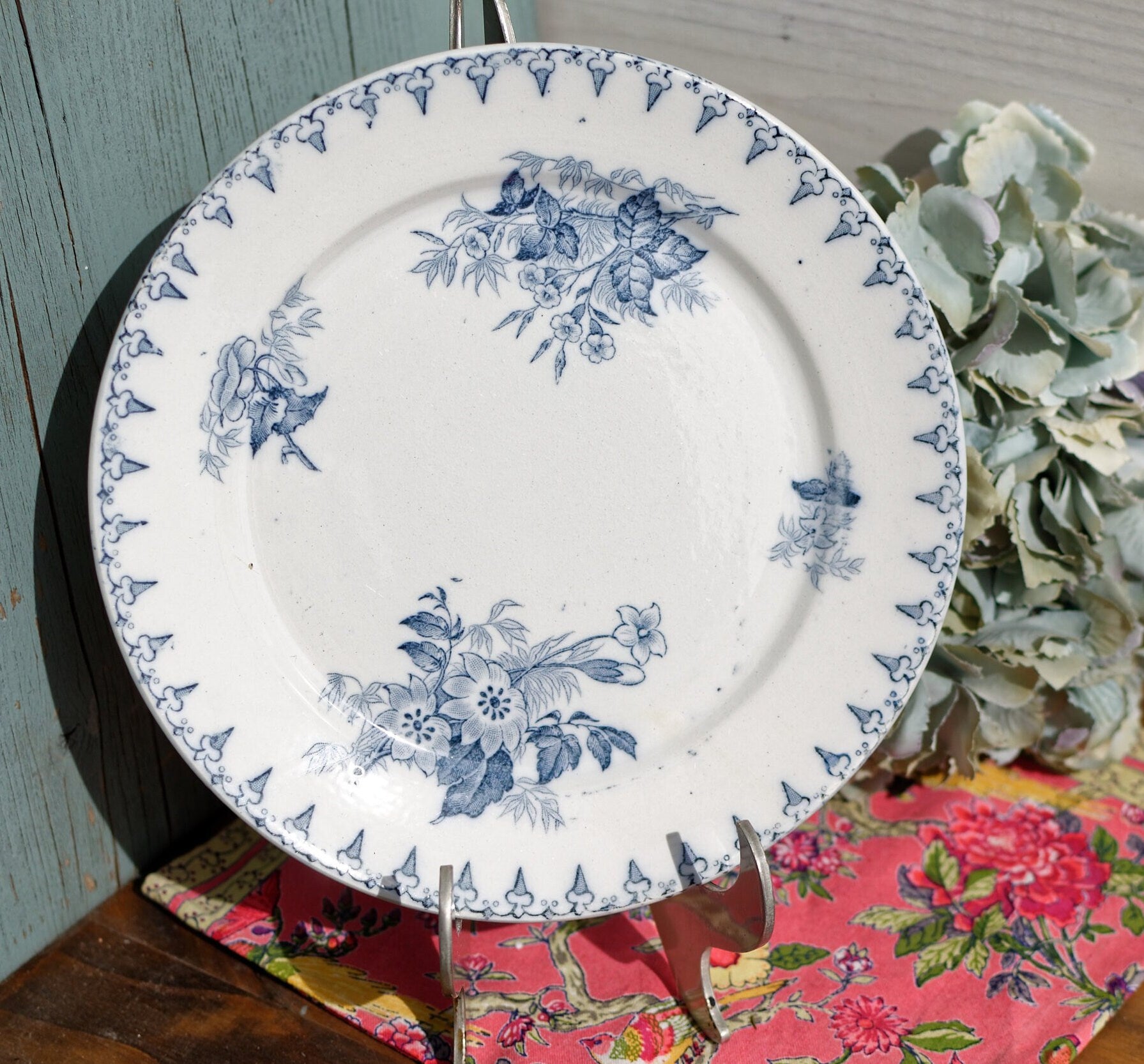 French Ironstone Blue Transferware Small Plate FLORE Sarreguemines U&C Terre de Fer